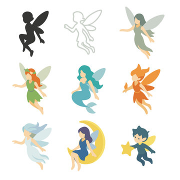 Fantasy Winged Creatures Icons. Isometric Flat icon set of Fantasy Winged Creatures: pixie silhouette, sprite outline, sylph