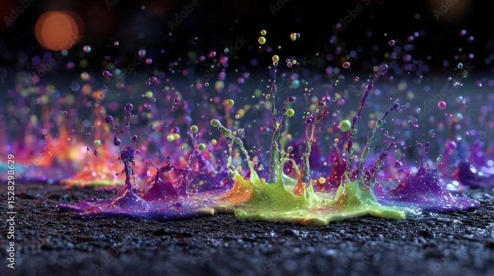 Poster liquid in vibrant hues erupts in delightful splashes on a dark pavement, creating a lively display d
