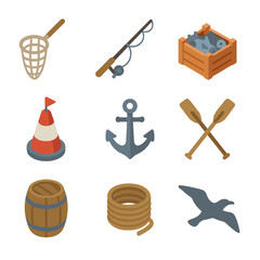 Fisherman's Hut Icons. Isometric Flat icon set of Fisherman&rsquo;s hut: fishing net, rod, fish crate, buoy, anchor, oars, barrel, rope