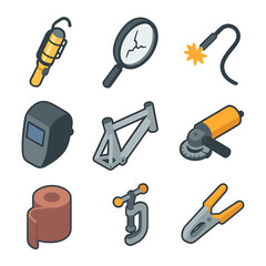Frame Inspection Tools Icons. Isometric Flat icon set of Frame inspection and welding repair: inspection light, crack magnifier,