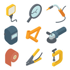 Frame Inspection Tools Icons. Isometric Flat icon set of Frame inspection and welding repair: inspection light, crack magnifier,