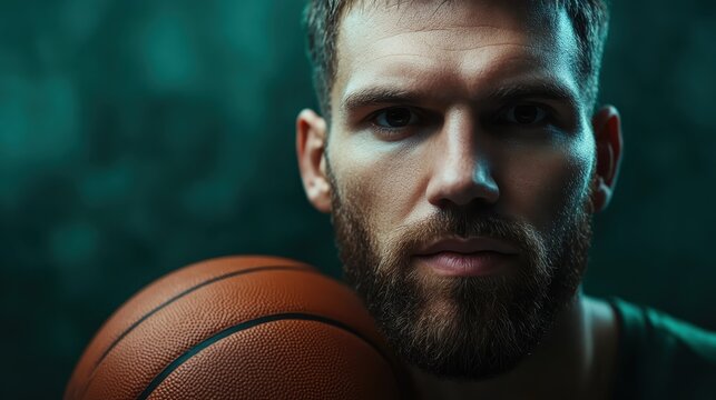 An intense close-up of a basketball player, radiating focus and determination as he holds a basketball, embodying the spirit of sports and competition. - Powered by Adobe