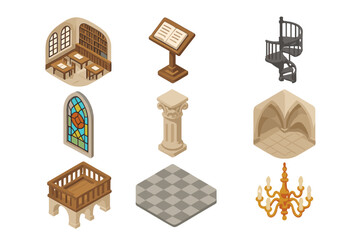 Historic Library Icon Set. Isometric Flat icon set of historic library architecture: reading room, wooden lectern, iron spiral