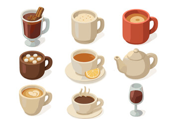 Obraz premium Holiday Drink Icons. Isometric Flat icon set of holiday beverages selection: mulled wine glass, eggnog mug, cider cup, hot