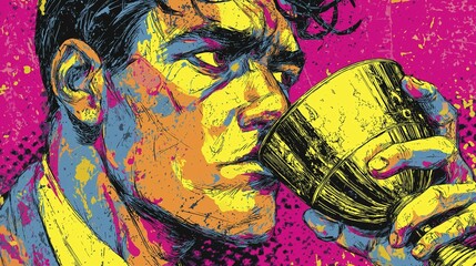 Obraz premium Vibrant pop art portrait of young caucasian male with cup in hand