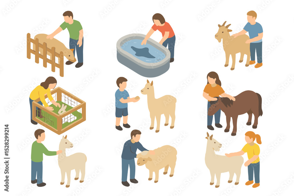 Poster interactive petting icon set. isometric flat icon set of interactive petting experiences: petting fe