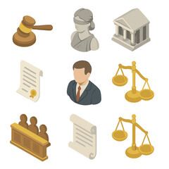 Isometric Justice Icons. Isometric Flat icon set of Fair trial and justice: gavel, blindfolded statue, courthouse, legal document,