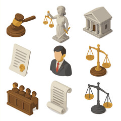 Isometric Justice Icons. Isometric Flat icon set of Fair trial and justice: gavel, blindfolded statue, courthouse, legal document,