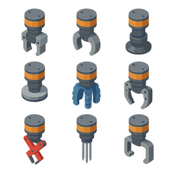 Industrial Robot End Effectors. Isometric Flat icon set of industrial robot end effectors: parallel jaw gripper, three-finger