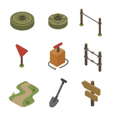 Obraz premium Minefield Setup Icons. Isometric Flat icon set of minefield emplacement setup: anti-tank mine, anti-personnel mine, tripwire