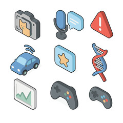 Modern Application Icons. Isometric Flat icon set of Application Domains: image classifier camera, speech recognition mic, NLP