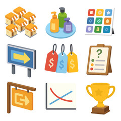 Monopolistic Competition Icons. Isometric Flat icon set of Monopolistic competition differentiation: many sellers cluster, product