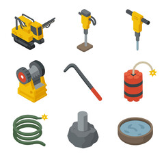 Mining Equipment Icons. Isometric Flat icon set of Hard rock mining equipment: drilling rig, core drill, jackhammer, rock crusher,