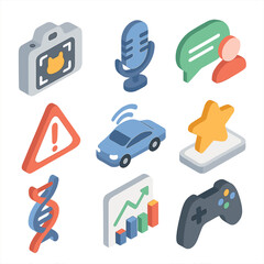 Modern Application Icons. Isometric Flat icon set of Application Domains: image classifier camera, speech recognition mic, NLP
