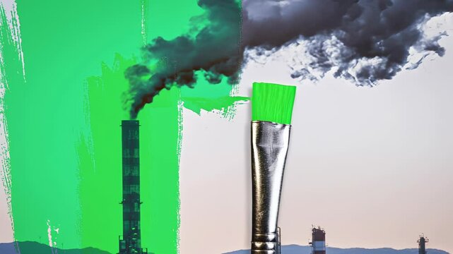 brush painting with green texture a polluting industry with a smoke coming out of a chimney. Greenwashing malpractice concept. TExtured effect