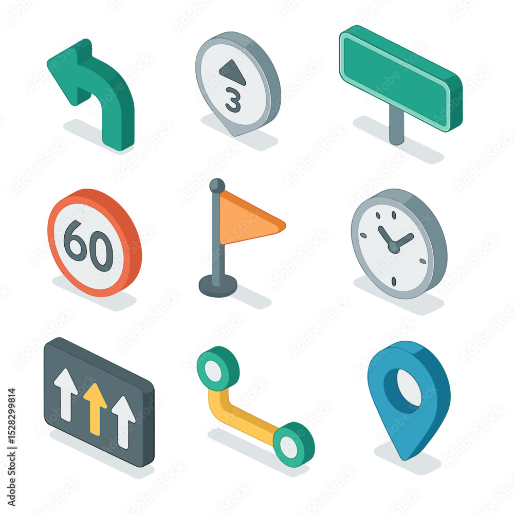 Poster navigation hud icons. isometric flat icon set of navigation hud elements: turn arrow, next turn dist