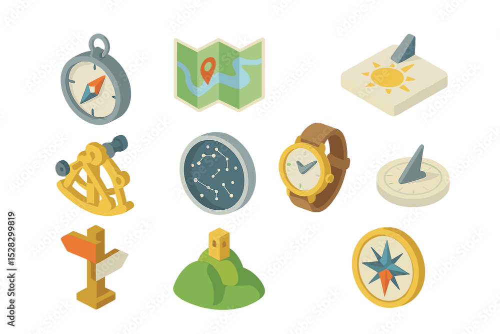Poster navigation tools grid. isometric flat icon set of navigation and orienteering: compass, paper map, s