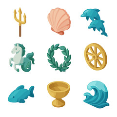 Neptune Symbolism Icons. Isometric Flat icon set of Neptune deity symbolism: trident spear, sea shell, dolphin pair, hippocamp