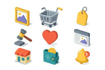 NFT Marketplace Icons. Isometric Flat icon set of NFT marketplace storefront: digital artwork frame, shopping cart, bid hammer,