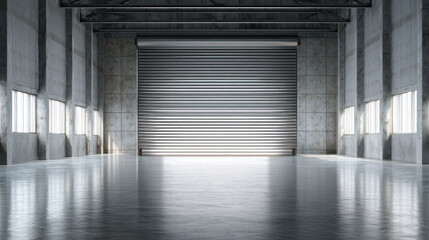 Obraz premium Interior of industrial warehouse with closed metallic roller shutter door, polished concrete floor reflecting soft light, clean empty space for product display background
