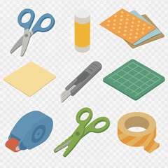 Paper Craft Supplies Icons. Isometric Flat icon set of paper collage supplies: scissors, glue stick, patterned paper, cardstock,