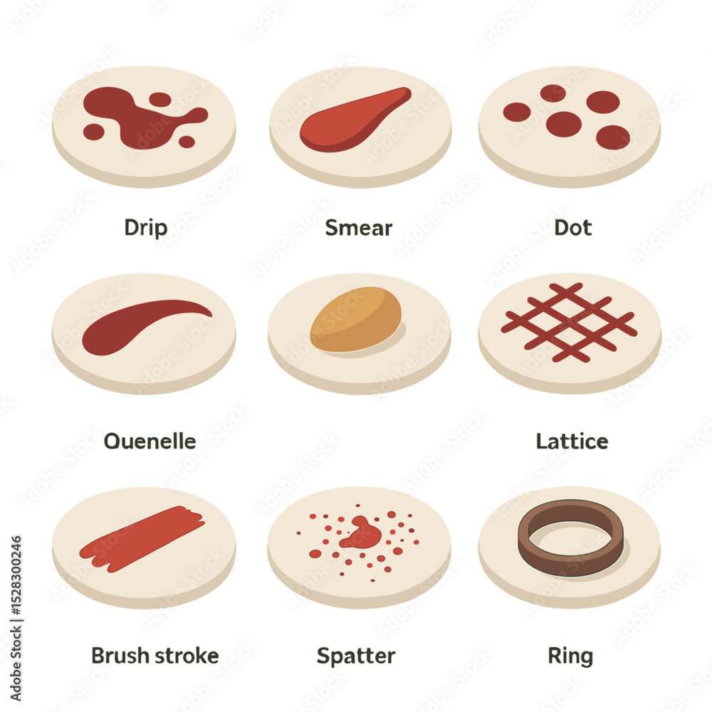 Aufkleber plating technique icons. isometric flat icon set of plating technique garnishes: drip technique, sme