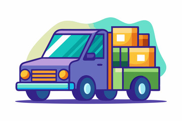 Fototapeta premium Mini truck with open trunk full of boxes - white background emphasizes shape and composition