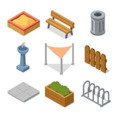 Playground Icon Set. Isometric Flat icon set of Playground Layout Elements: sandbox corner, bench seating, trash bin, water