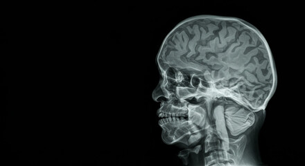 Human Brain and Skull X-Ray - Detailed x-ray showcasing the human brain and skull structure in profile view against a black background