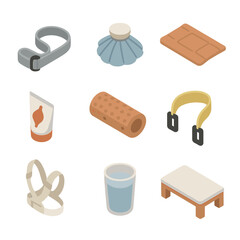 Post-Massage Aftercare Icons. Isometric Flat icon set of post-massage aftercare: stretching strap, ice pack, heat pack, muscle rub