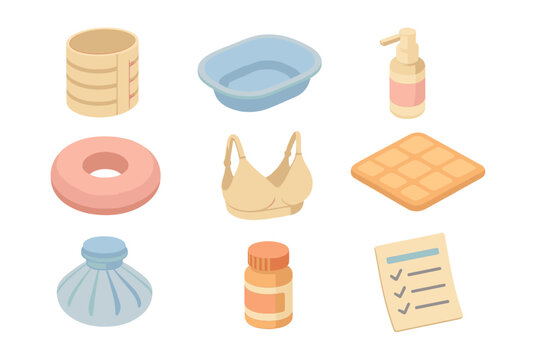 Postpartum Recovery Icons. Isometric Flat icon set of postpartum recovery tools: abdominal binder, sitz bath, perineal spray,