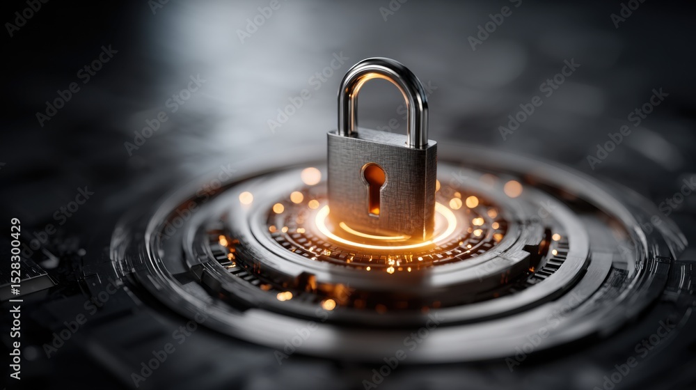 Poster a digital lock glows brightly at the center of a complex circuit design, showcasing themes of securi