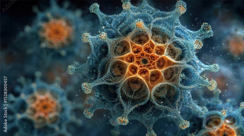 Poster high magnification reveals the intricate structure of a virus, showcasing vibrant colors and complex