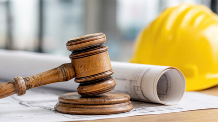 Judge's wooden gavel resting on rolled building blueprints, yellow safety helmet in background, construction law concept in architectural office