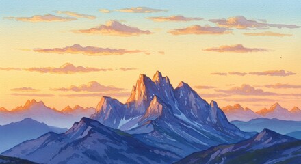 Majestic Mountain Sunset Panorama - Breathtaking panoramic view of majestic mountains at sunset, showcasing vibrant colors and dramatic peaks