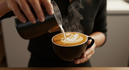Barista pouring milk into coffee cup creating latte art