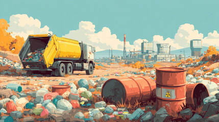 Landfill area filled with plastic and chemical waste, garbage truck unloading refuse near leaky barrels, concept of toxic contamination, mustard gas warning zones
