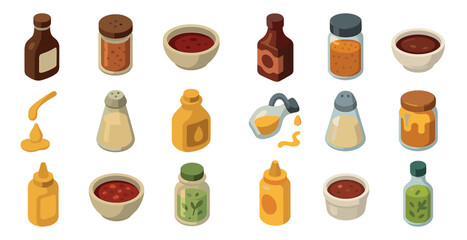 Diverse collection of condiment bottles and spice jars for culinary use