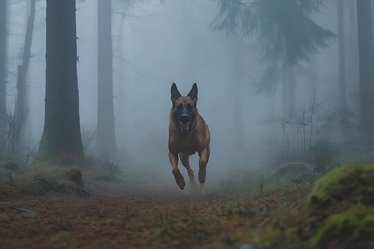 forest Malinois running through misty Belgian