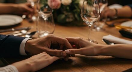 Close up of hands clasped together at a wooden table