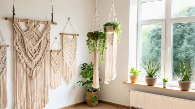 Bright interior space showcasing a collection of handcrafted macrame wall hangings and macrame plant hangers with greenery