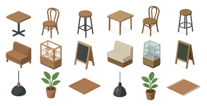 Isometric cafe furniture and decor elements for interior design projects