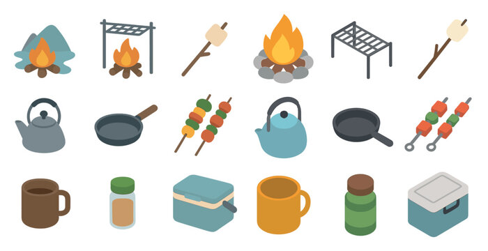 Outdoor camping equipment and campfire cooking essentials for wilderness adventures