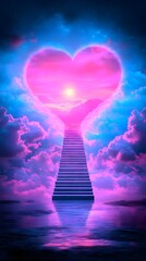 A celestial stairway ascends to a heart-shaped portal in a vibrant, dreamy sky, reflected in tranquil waters below.  Pink, purple, and blue hues dominate the surreal scene, illuminated by a