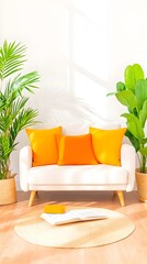 A bright, minimalist living room features a white couch with three orange pillows, flanked by potted tropical plants. A hammock hangs in the background, and a book rests on a round rug near 