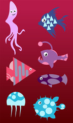 Set of fish and sea animals