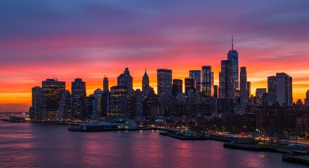 Fototapeta premium NYC Skyline Sunset Panorama - Vibrant sunset colors paint the New York City skyline, symbolizing ambition, opportunity, energy, beauty, and urban life. A stunning cityscape at dusk