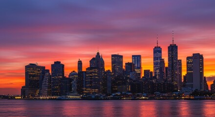 Fototapeta premium NYC Skyline Dusk Panorama - Stunning sunset over the New York City skyline. Symbolises ambition, progress, beauty, energy, and opportunity