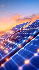 A close-up depicts numerous solar panels angled towards a vibrant sunset sky. Glowing points of light illuminate the panels' grid-like structure, suggesting energy production. The scene evoke