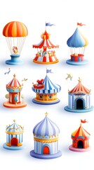 A collection of nine whimsical, cartoonish carnival ride illustrations, featuring various colorful tents, a parachute ride, and merry-go-round, rendered in a vibrant, 3D style against a white